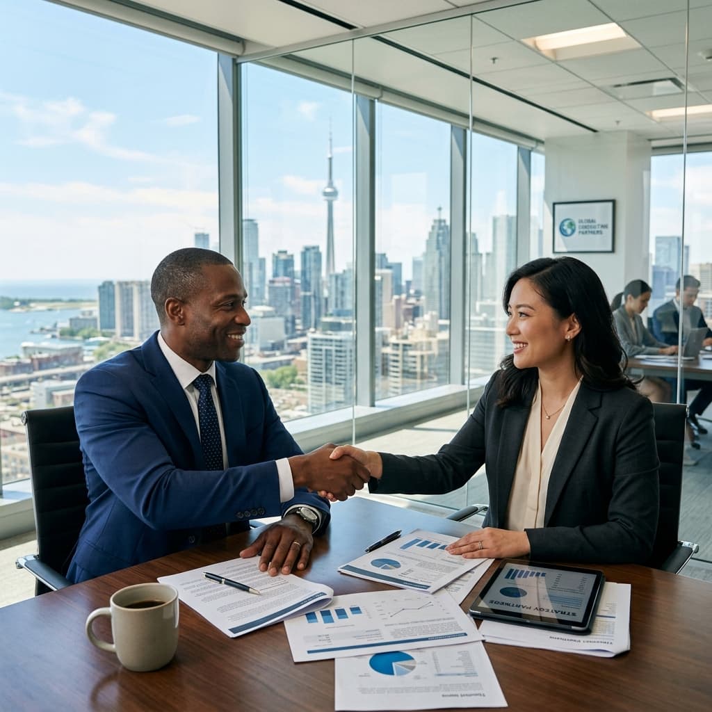 Two people shaking hands across a table in a Toronto office, the CN Tower behind them